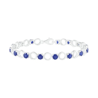 4.5mm Lab-Created Blue Sapphire and 0.18 CT. T.W. Diamond Open Circle Link Line Bracelet in Sterling Silver - 7.25"