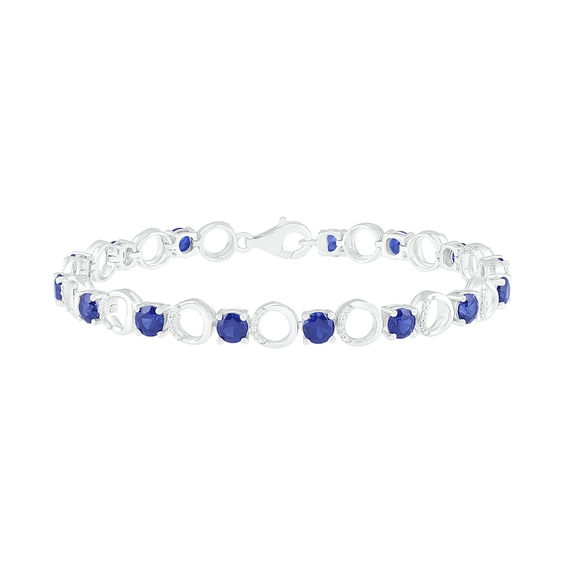 4.5mm Lab-Created Blue Sapphire and 0.18 CT. T.W. Diamond Open Circle Link Line Bracelet in Sterling Silver - 7.25"