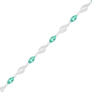 Marquise Lab-Created Emerald and White Sapphire Flame Link Alternating Line Bracelet in Sterling Silver - 7.25"