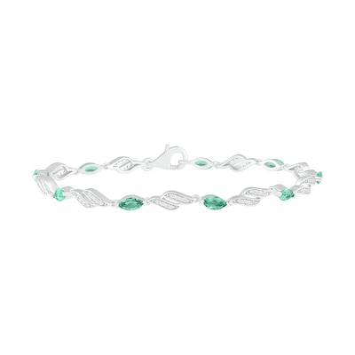 Marquise Lab-Created Emerald and White Sapphire Flame Link Alternating Line Bracelet in Sterling Silver - 7.25"