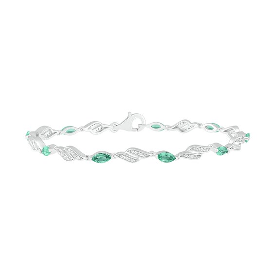 Marquise Lab-Created Emerald and White Sapphire Flame Link Alternating Line Bracelet in Sterling Silver - 7.25"