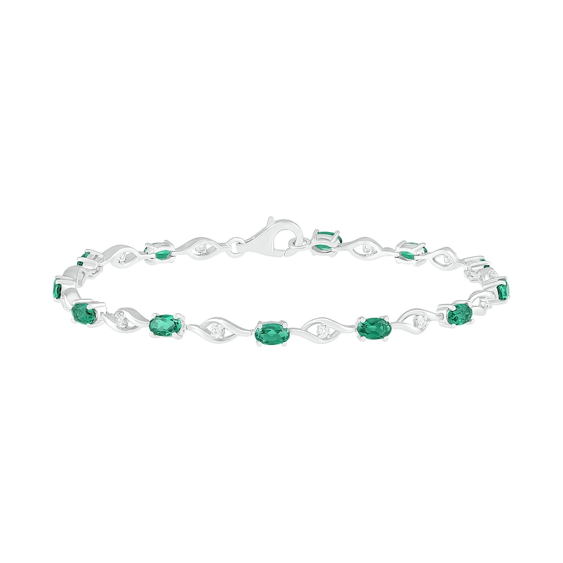 Oval Lab-Created Emerald and White Sapphire Open Flame Link Alternating Line Bracelet in Sterling Silver - 7.25"|Peoples Jewellers