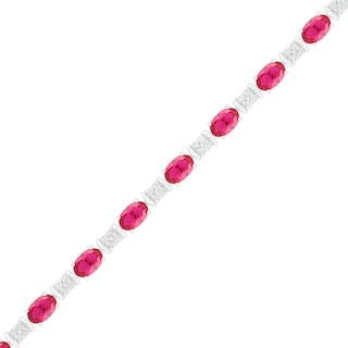 Oval Lab-Created Ruby and White Sapphire Barrel Link Alternating Line Bracelet in Sterling Silver - 7.25"