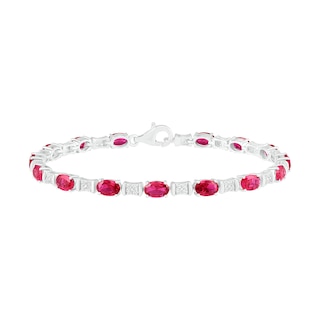 Oval Lab-Created Ruby and White Sapphire Barrel Link Alternating Line Bracelet in Sterling Silver - 7.25"