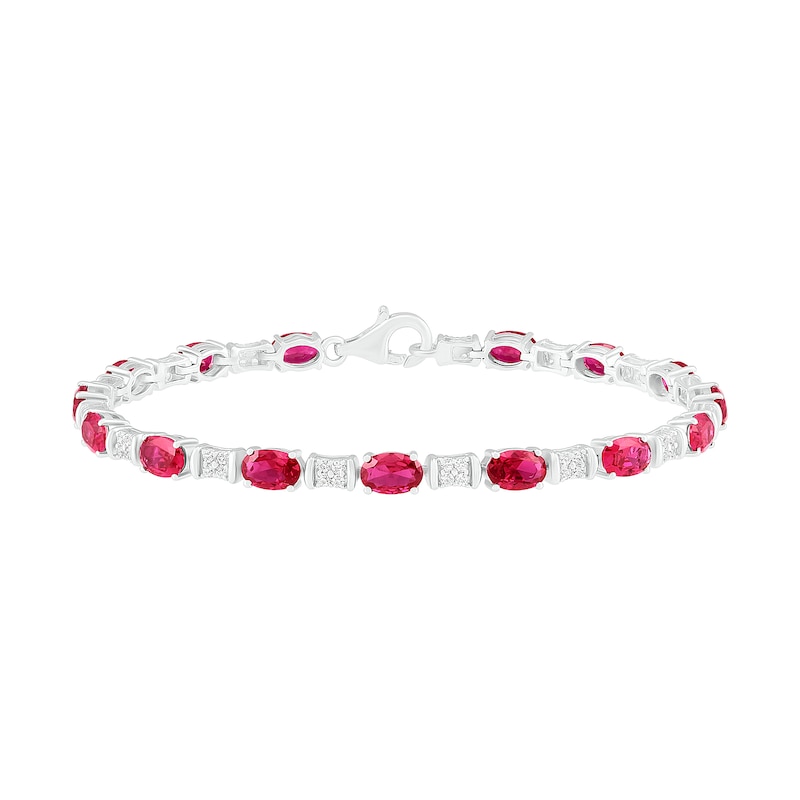 Oval Lab-Created Ruby and White Sapphire Barrel Link Alternating Line Bracelet in Sterling Silver - 7.25"|Peoples Jewellers
