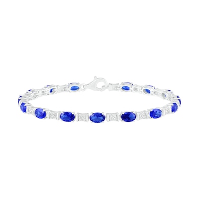 Oval Lab-Created Blue and White Sapphire Barrel Link Alternating Line Bracelet in Sterling Silver - 7.25"