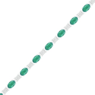 Oval Lab-Created Emerald and White Sapphire Barrel Link Alternating Line Bracelet in Sterling Silver - 7.25"