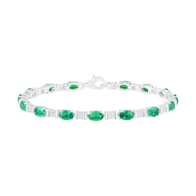 Oval Lab-Created Emerald and White Sapphire Barrel Link Alternating Line Bracelet in Sterling Silver - 7.25"