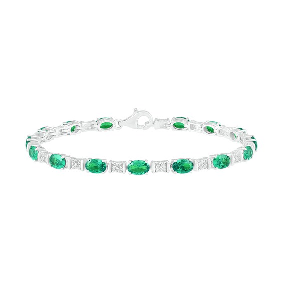 Oval Lab-Created Emerald and White Sapphire Barrel Link Alternating Line Bracelet in Sterling Silver - 7.25"