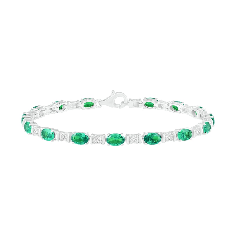 Oval Lab-Created Emerald and White Sapphire Barrel Link Alternating Line Bracelet in Sterling Silver - 7.25"|Peoples Jewellers