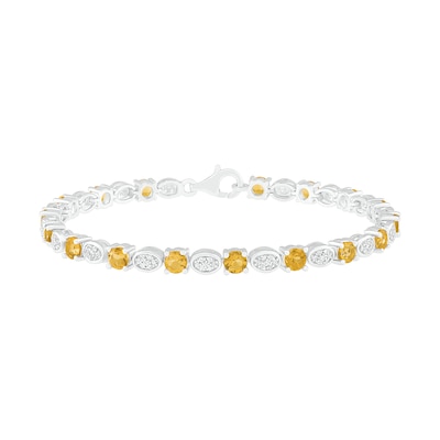 4.0mm Citrine and Lab-Created White Sapphire Cluster Oval Link Alternating Line Bracelet in Sterling Silver - 7.5"