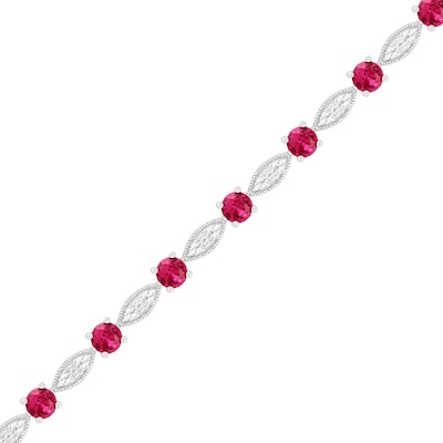 4.0mm Lab-Created Ruby and 0.14 CT. T.W. Diamond Marquise Link Alternating Line Bracelet in Sterling Silver - 7.5"