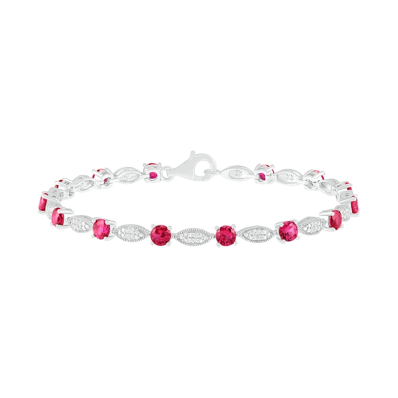 4.0mm Lab-Created Ruby and 0.14 CT. T.W. Diamond Marquise Link Alternating Line Bracelet in Sterling Silver - 7.5"