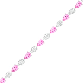 Pear-Shaped Lab-Created Pink Sapphire and 0.116 CT. T.W. Diamond Teardrop Link Line Bracelet in Sterling Silver - 7.25"