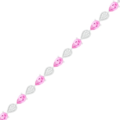 Pear-Shaped Lab-Created Pink Sapphire and 0.116 CT. T.W. Diamond Teardrop Link Line Bracelet in Sterling Silver - 7.25"