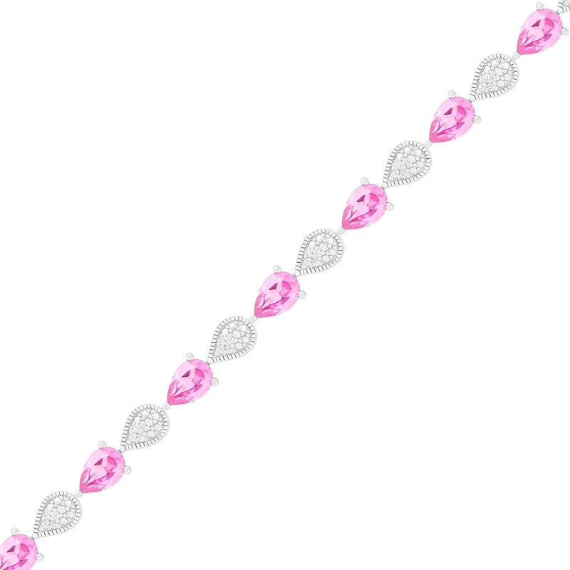 Pear-Shaped Lab-Created Pink Sapphire and 0.116 CT. T.W. Diamond Teardrop Link Line Bracelet in Sterling Silver - 7.25"