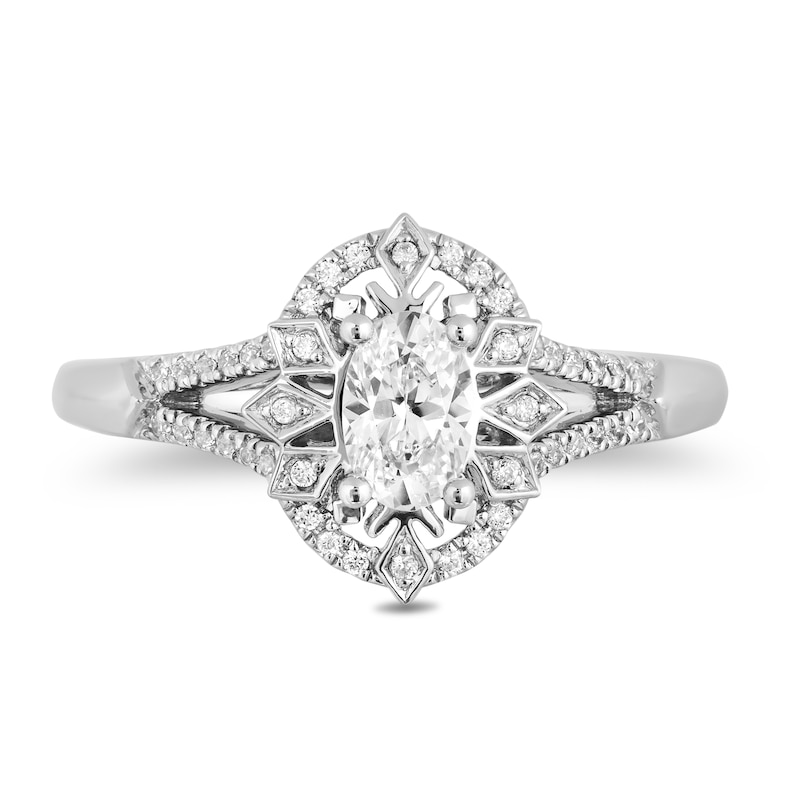 Enchanted Disney Elsa 0.57 CT. T.W. Oval Diamond Snowflake Frame Engagement Ring in 14K White Gold|Peoples Jewellers