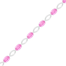Oval Lab-Created Pink Sapphire and 0.14 CT. T.W. Diamond Open Marquise Link Line Bracelet in Sterling Silver - 7.5&quot;