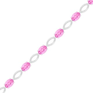 Oval Lab-Created Pink Sapphire and 0.14 CT. T.W. Diamond Open Marquise Link Line Bracelet in Sterling Silver - 7.5"