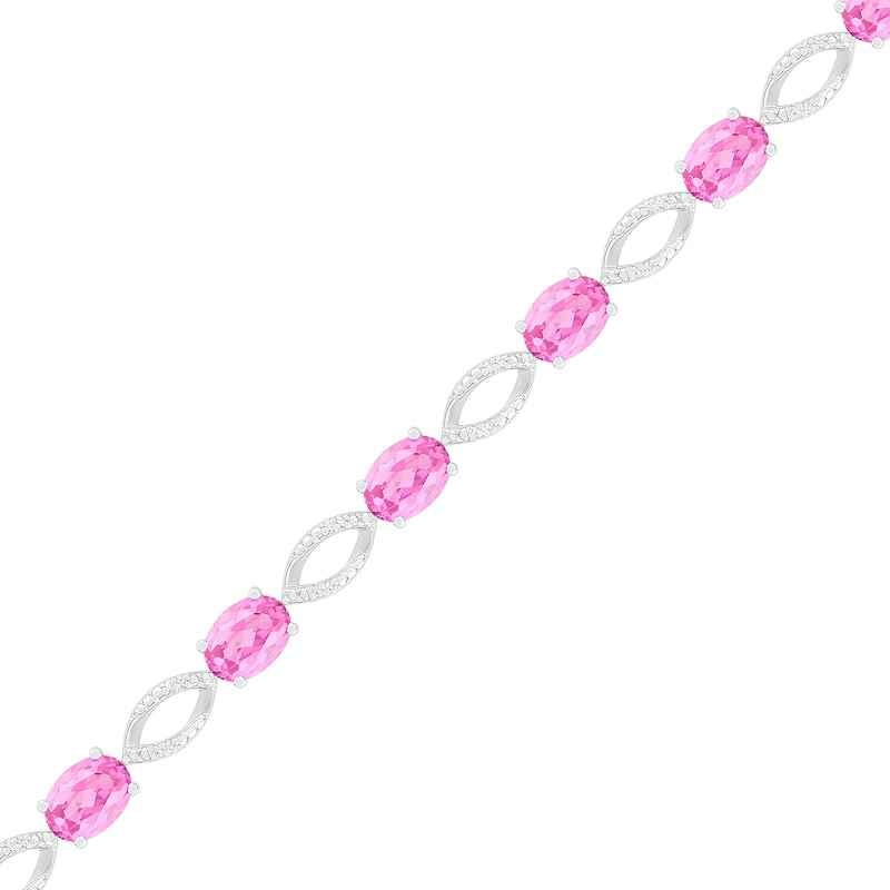 Oval Lab-Created Pink Sapphire and 0.14 CT. T.W. Diamond Open Marquise Link Line Bracelet in Sterling Silver - 7.5"|Peoples Jewellers