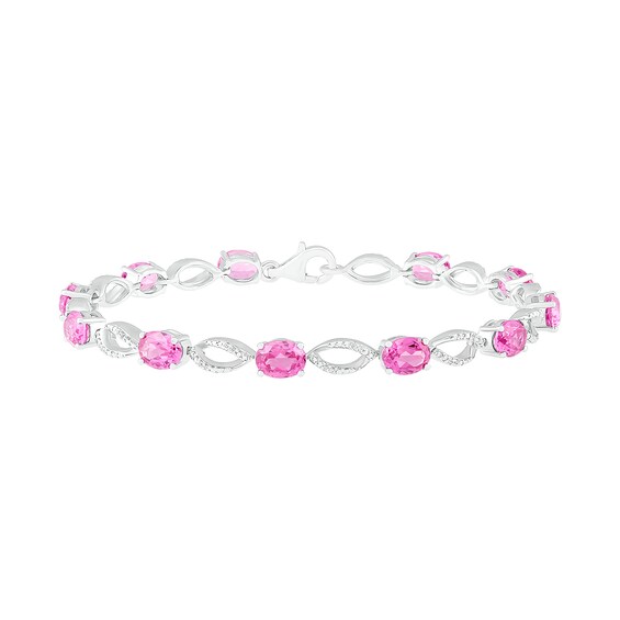 Oval Lab-Created Pink Sapphire and 0.14 CT. T.W. Diamond Open Marquise Link Line Bracelet in Sterling Silver - 7.5"