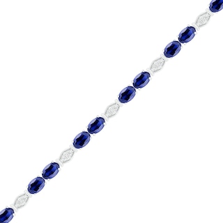 Oval Lab-Created Blue Sapphire Duo and 0.117 CT. T.W. Diamond Marquise Link Line Bracelet in Sterling Silver - 7.25"