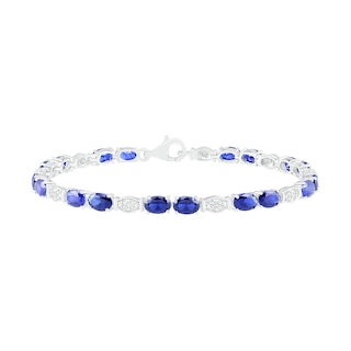 Oval Lab-Created Blue Sapphire Duo and 0.117 CT. T.W. Diamond Marquise Link Line Bracelet in Sterling Silver - 7.25"