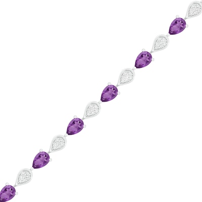 Pear-Shaped Amethyst and Lab-Created White Sapphire Teardrop Link Alternating Line Bracelet in Sterling Silver - 7.25"