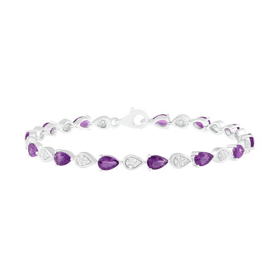 Pear-Shaped Amethyst and Lab-Created White Sapphire Teardrop Link Alternating Line Bracelet in Sterling Silver - 7.25"