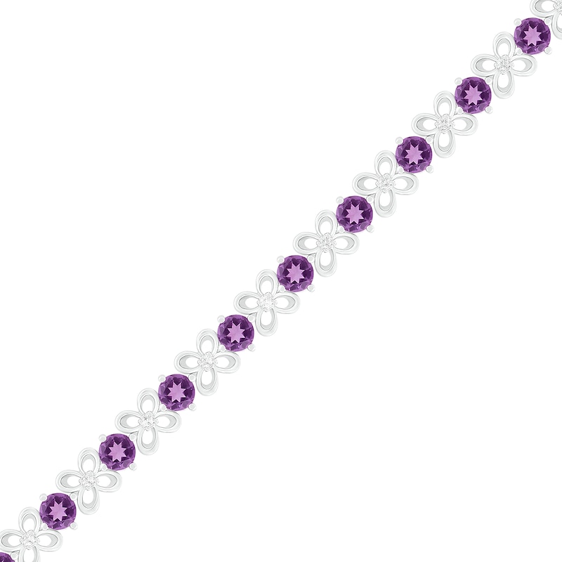 4.0mm Amethyst and Lab-Created White Sapphire Flower Link Alternating Line Bracelet in Sterling Silver - 7.25"