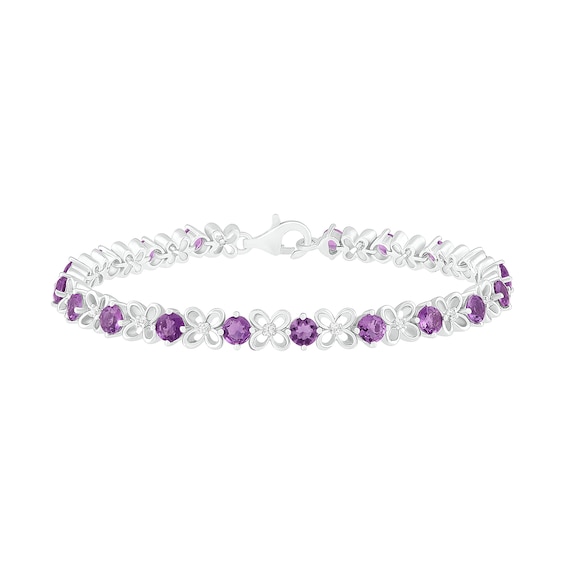 4.0mm Amethyst and Lab-Created White Sapphire Flower Link Alternating Line Bracelet in Sterling Silver - 7.25"