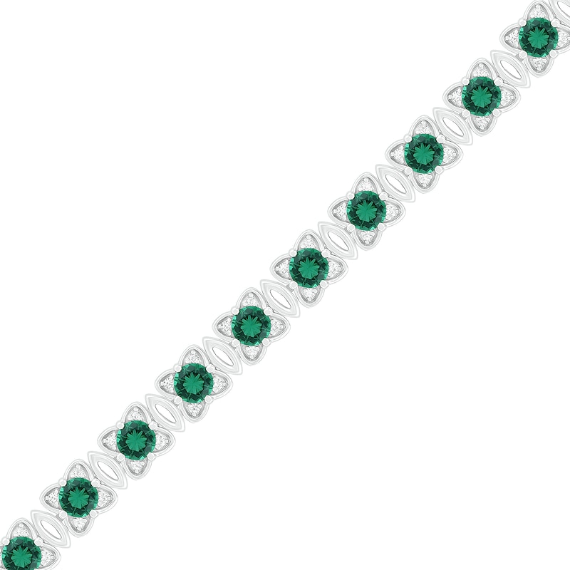 Lab-Created Emerald and White Sapphire Flower and Marquise Link Alternating Line Bracelet in Sterling Silver - 7.25"