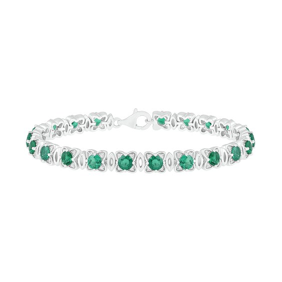 Lab-Created Emerald and White Sapphire Flower and Marquise Link Alternating Line Bracelet in Sterling Silver - 7.25"