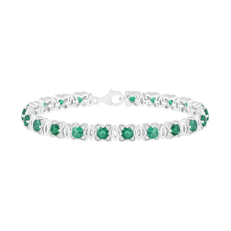Lab-Created Emerald and White Sapphire Flower and Marquise Link Alternating Line Bracelet in Sterling Silver - 7.25"