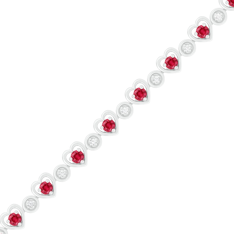 3.0mm Lab-Created Ruby and White Sapphire Heart and Bubble Link Alternating Line Bracelet in Sterling Silver - 7.5"