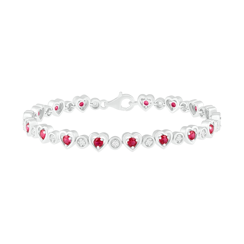 3.0mm Lab-Created Ruby and White Sapphire Heart and Bubble Link Alternating Line Bracelet in Sterling Silver - 7.5"