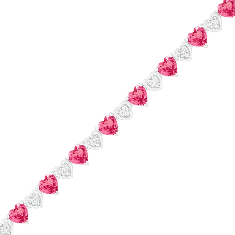 Heart-Shaped Lab-Created Ruby and White Sapphire Cluster Heart Link Alternating Line Bracelet in Sterling Silver - 7.25"