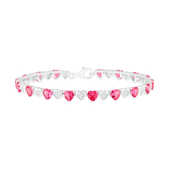 Heart-Shaped Lab-Created Ruby and White Sapphire Cluster Heart Link Alternating Line Bracelet in Sterling Silver - 7.25"