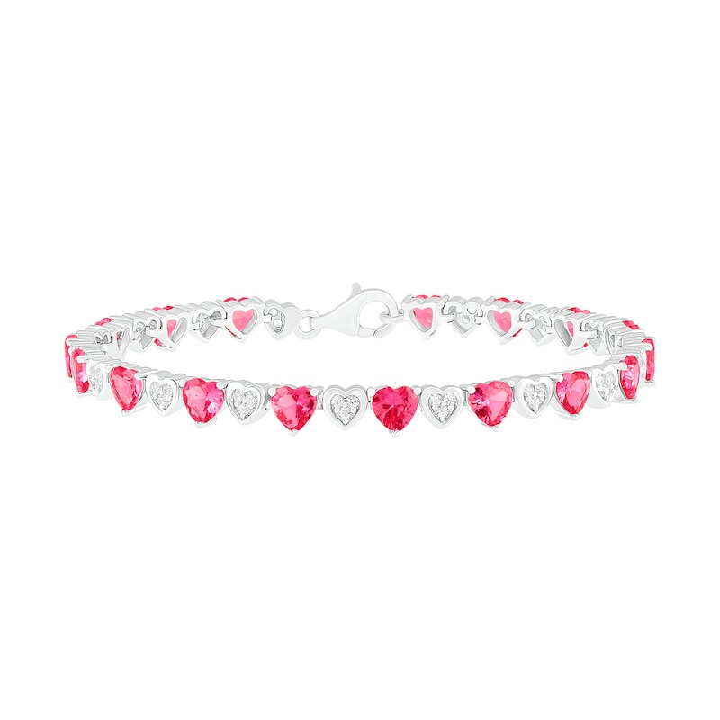 Heart-Shaped Lab-Created Ruby and White Sapphire Cluster Heart Link Alternating Line Bracelet in Sterling Silver - 7.25"|Peoples Jewellers