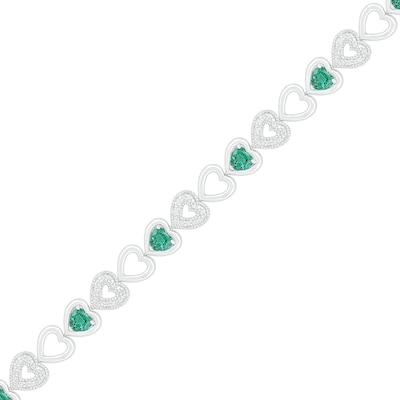 4.0mm Lab-Created Emerald and 0.18 CT. T.W. Diamond Heart Link Alternating Line Bracelet in Sterling Silver - 7.5"