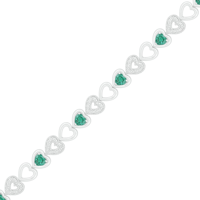 4.0mm Lab-Created Emerald and 0.18 CT. T.W. Diamond Heart Link Alternating Line Bracelet in Sterling Silver - 7.5"|Peoples Jewellers