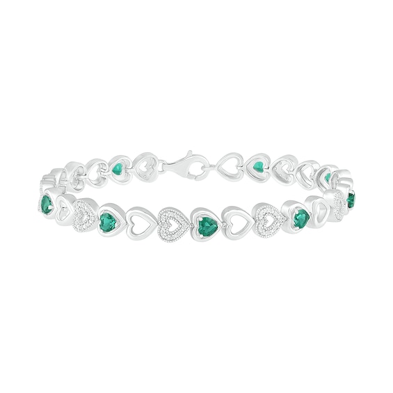 4.0mm Lab-Created Emerald and 0.18 CT. T.W. Diamond Heart Link Alternating Line Bracelet in Sterling Silver - 7.5"