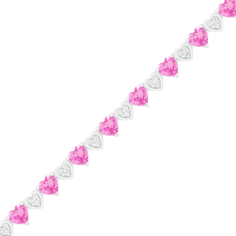 Heart-Shaped Lab-Created Pink and White Sapphire Cluster Heart Link Alternating Line Bracelet in Sterling Silver - 7.25"