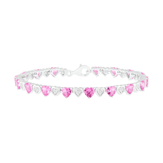 Heart-Shaped Lab-Created Pink and White Sapphire Cluster Heart Link Alternating Line Bracelet in Sterling Silver - 7.25"