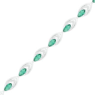 Lab-Created Emerald and 0.145 CT. T.W. Diamond Layered Marquise Link Line Bracelet in Sterling Silver - 7.25"