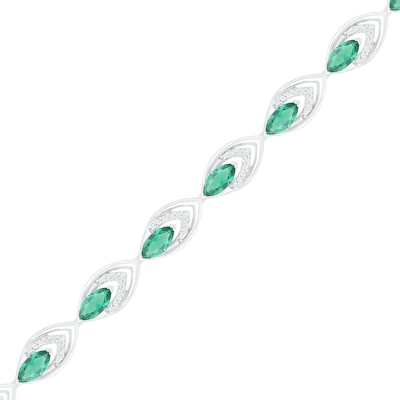 Lab-Created Emerald and 0.145 CT. T.W. Diamond Layered Marquise Link Line Bracelet in Sterling Silver - 7.25"