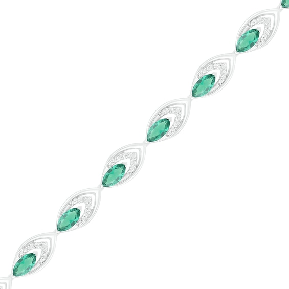 Lab-Created Emerald and 0.145 CT. T.W. Diamond Layered Marquise Link Line Bracelet in Sterling Silver - 7.25"