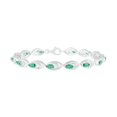 Lab-Created Emerald and 0.145 CT. T.W. Diamond Layered Marquise Link Line Bracelet in Sterling Silver - 7.25"