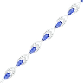 Lab-Created Blue Sapphire and 0.145 CT. T.W. Diamond Layered Marquise Link Line Bracelet in Sterling Silver - 7.25"