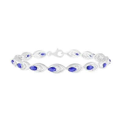 Lab-Created Blue Sapphire and 0.145 CT. T.W. Diamond Layered Marquise Link Line Bracelet in Sterling Silver - 7.25"